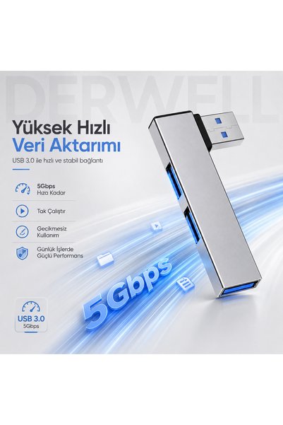 Derwell USB Hub 3 Port Çoklayıcı Çoğaltıcı Dağıtıcı Dönüştürücü; Metal Kasa Yüksek Hızlı 5Gbps Veri Aktarımı, USB 3.0 Destekli, Windows MacOS Linux Android Uyumlu, Tak Çalıştır Akıllı Korumalı Adaptör
