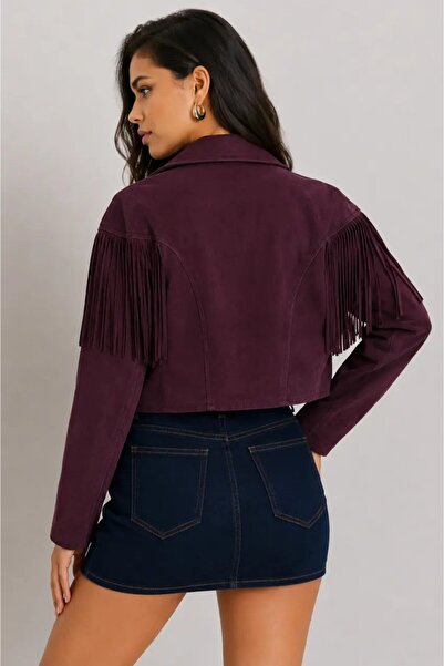 Cool & Sexy Kadın Bordo Süet Püsküllü Ceket