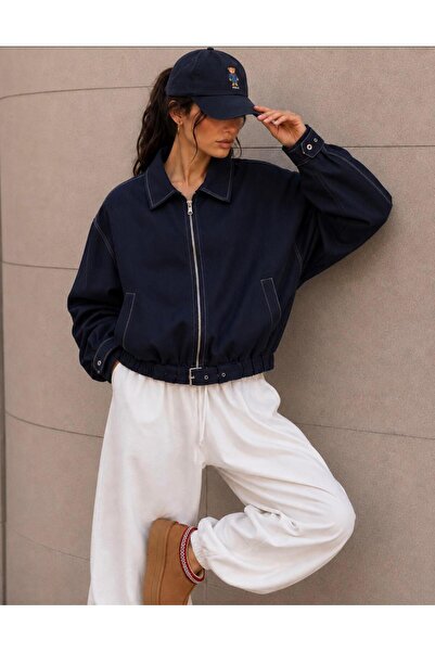 ON6STORE16 Kadın Ekru Pamuklu Gabardin Mevsimlik Oversize Basic Bomber Yarasa...