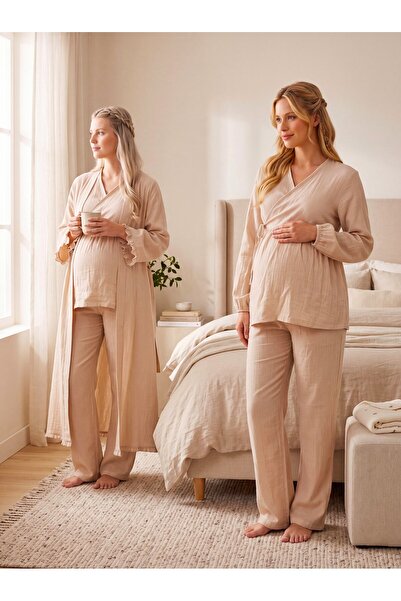 Lohussa New Season Beige Double-Breasted Easy Breastfeeding Muslin Fabric Des...