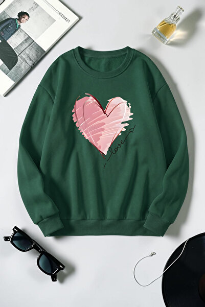 uyguntarz Unisex Heart Printed Crew Neck Sweatshirt