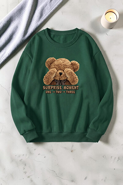 uyguntarz Unisex Surprise Bear Printed Crew Neck Sweatshirt