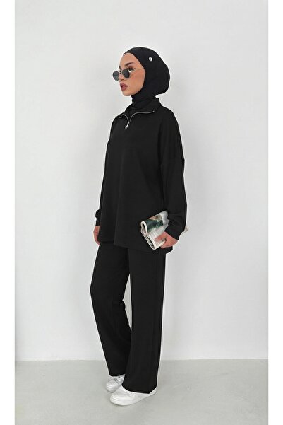 MAİMODA Women's Modest Collar Zip-Up Comfort Modal Two-Piece Set