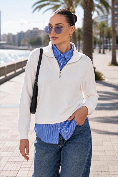 ŞİMAL Kadın Gömlek Yaka Görünümlü Fermuarlı Sweatshirt 265129 -