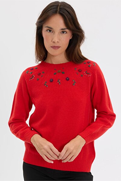 Desen Triko Women's Crew Neck Side Knit Wool Sweater Coral