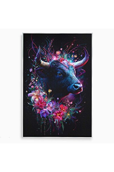 Luxcanva Tablou Canvas Forță și Mister 40x60 cm cu Rama Argintiu Taur Flori N...