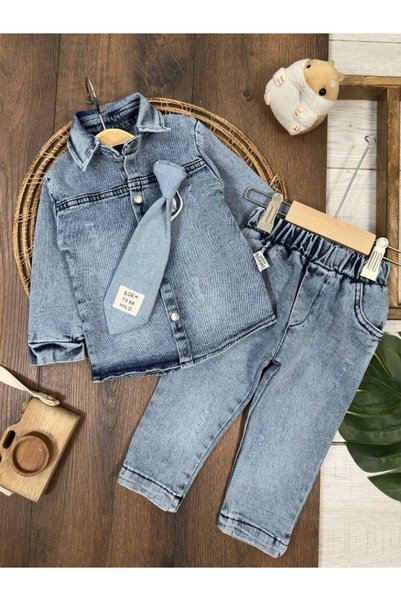 my petit panda Denim Shirt, Front Snap Fasteners, Tie, Lycra Denim Trousers, 3-Piece Seasonal Baby Boy Set