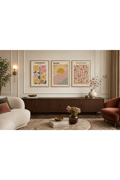 RDEKOR Retro Çiçekler, Bauhaus ve Matisse Temalı Modern 3'lü Set Dekoratif Du...