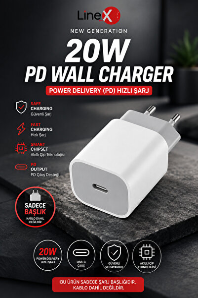 Linex 20W PD Hızlı Şarj Adaptörü Type-C USB-C Power Delivery Şarj Başlığı Akı...