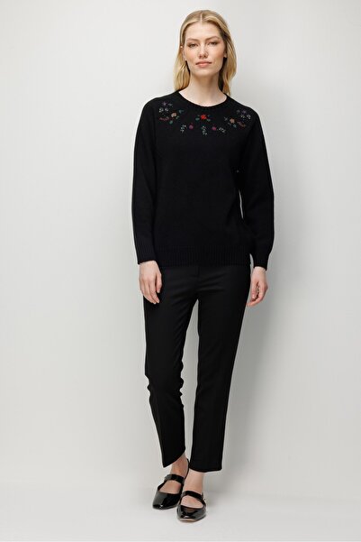 Desen Triko Women's Crew Neck Side Knit Wool Sweater Black