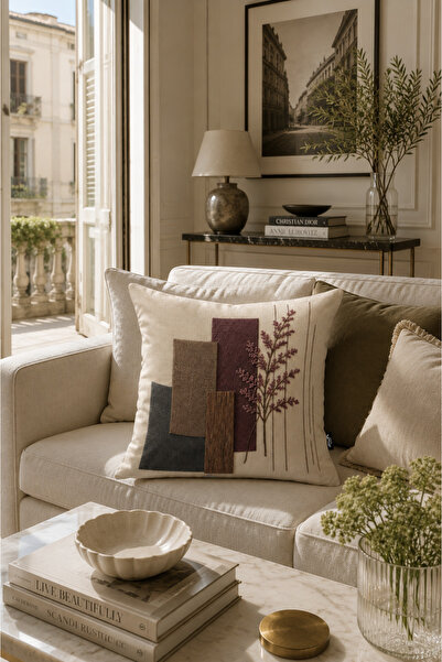 MUN HOME Flora Wild Flowers 1 Piece Throw Pillow Cover Beige Plum Embroidery ...