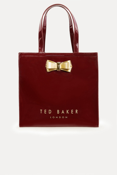 Ted Baker Bordo İkonik Fiyonk Parlak Alışveriş Çantası