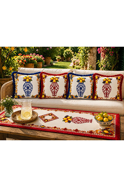 sue collection Limon & Üzüm Desenli 5 li Dekoratif Kırlent Runner Seti