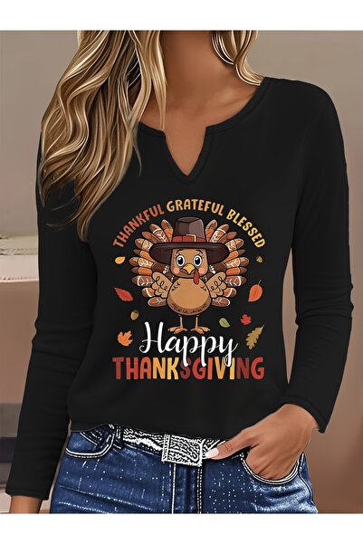 Deocept Thanksgiving Printed Cotton Half V-Neck Long Sleeve Blouse T-Shirt
