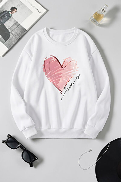 uyguntarz Unisex Heart Printed Crew Neck Sweatshirt