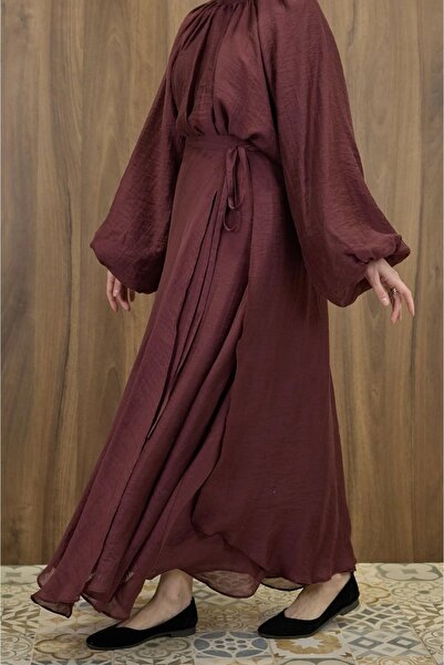 fayaboutique.com Dalgalı Şifon Kumaş Bordo Balon Kol Takım