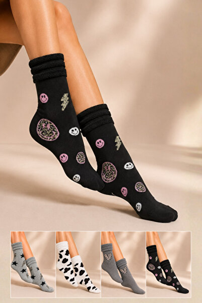 KARDEŞLER ÇORAP Women's Patterned Curly Cotton Socks 4-Piece Socks