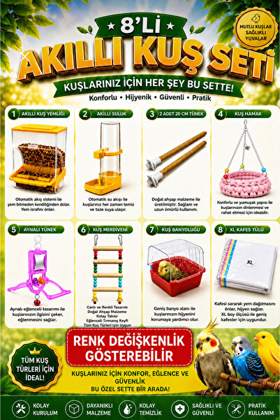 Petshop Akıllı Kuş Yemliği + Akıllı Suluk + 2 Adet 20 cm Ahşap Tünek + Kuş Ha...