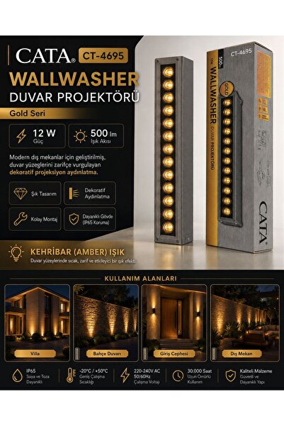 Cata CT-4695 GOLD WALLWASHER DUVAR PROJEKTÖRÜ AMBAR RENK 12 W 12 LED - PH