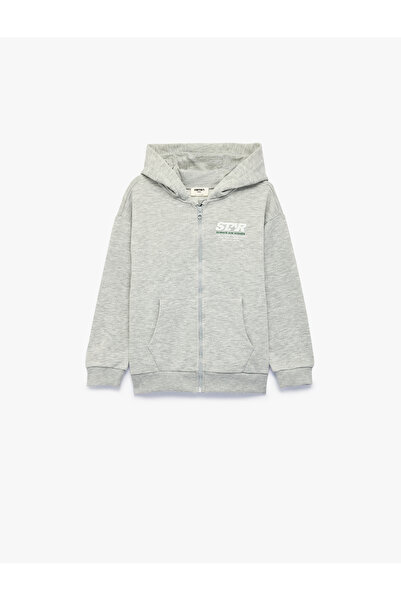 Koton Long Sleeve Three Thread Pockets Zipper Printed Hooded Cardigan