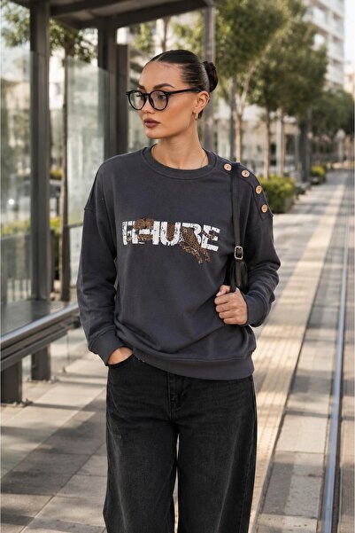 ŞİMAL Women's Leopard Printed Shoulder Button Detailed Sweatshirt 265116 -