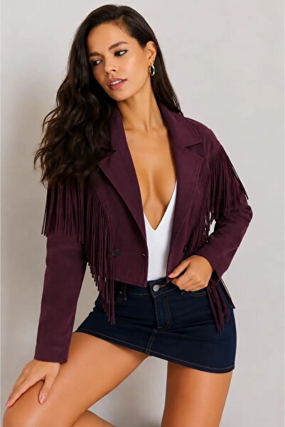 Cool & Sexy Kadın Bordo Süet Püsküllü Ceket