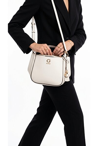 Guess Women's Bag White Bucket Model Handbag with Strap and Trinket Detail, D...