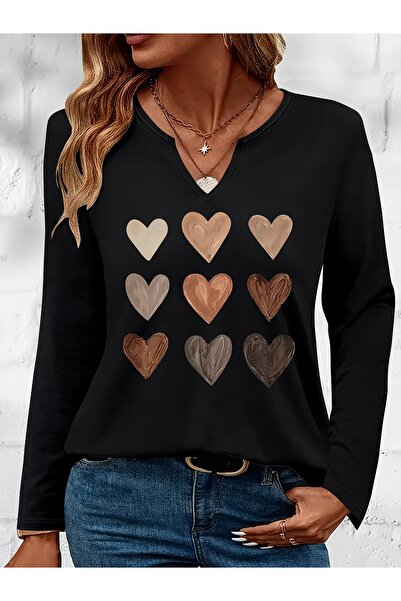 Deocept Heart Printed Cotton Half V-Neck Long Sleeve Blouse T-Shirt