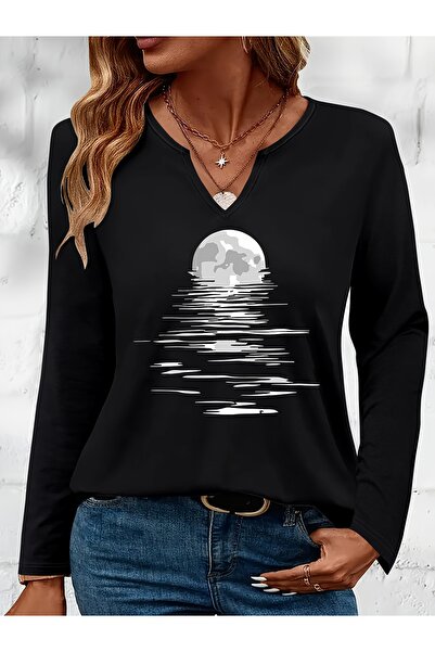 Deocept Moonlight Printed Cotton Half V-Neck Long Sleeve Blouse T-Shirt