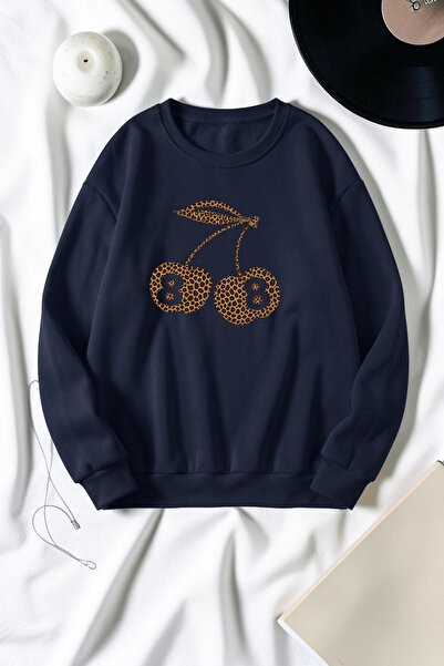 uyguntarz Unisex Leopard Patterned Cherry Printed Crew Neck Sweatshirt