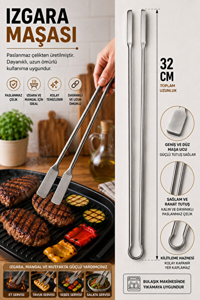 Mecra Life Paslanmaz Çelik Izgara Maşası 32 cm – Uzun Mangal Barbekü Et Servi...