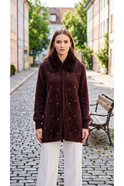 AYMİSS Fashionable Cardigan with Fur Collar, Zipper, Stone Print, Stylish Car...