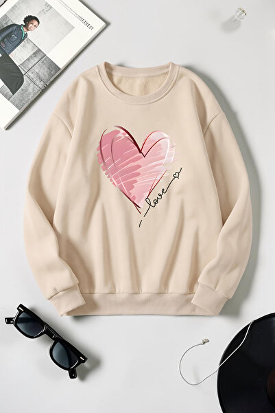 uyguntarz Unisex Heart Printed Crew Neck Sweatshirt