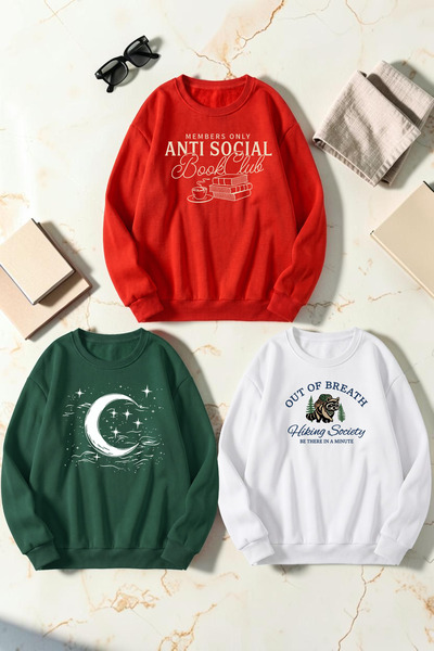 uyguntarz Unisex Mixed Printed Crew Neck Sweatshirt Set – Pack of 3