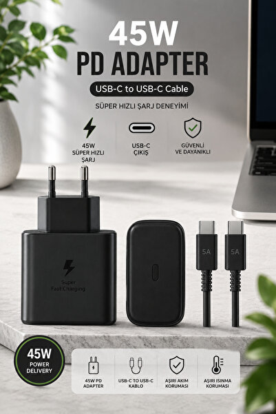 Mecra Life 45W PD Süper Hızlı Şarj Adaptörü + USB-C to USB-C 5A Kablo – Type-...