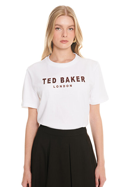 Ted Baker Ekru Kısa Kollu Rahat Kesim Leopar Desenli Baskılı T-shirt