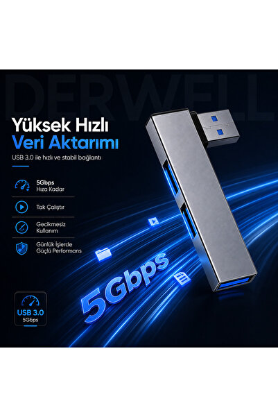 Derwell Yeni 2026 3 Port Şık Minimalist Metal Gövde USB Çoklayıcı Hub Laptop ...