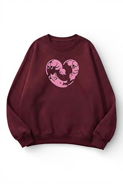 uyguntarz Unisex Soft Textured Cat Heart Printed Design Oversize 3 Thread Cre...