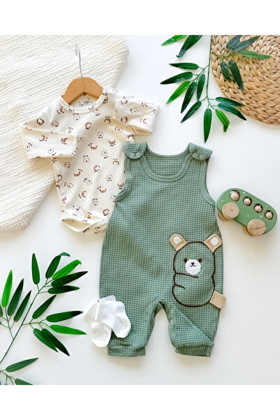 hümabebe Teddy Bear Embroidered Salopet Set with Inner Lining and Socks Is a ...