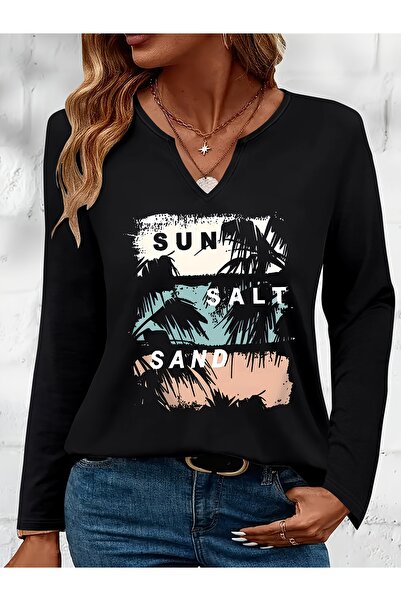 Deocept Mix Printed Cotton Half V-Neck Long Sleeve Blouse T-Shirt