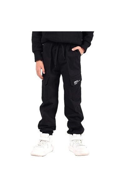 SERENYOU Pantaloni cargo pentru copii, cu talie elastică și șnur, negri, 158-164, bumbac cu elastan, cu buzunare multiple