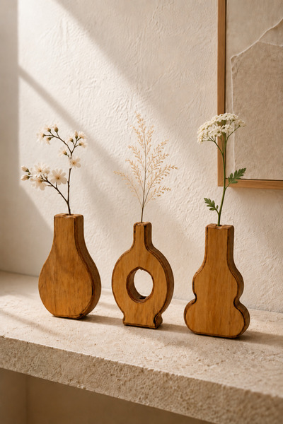 OAKY Life 3’lü Meşe Rengi Doğal Ahşap Dekoratif Vazo Biblo Seti – Modern Kons...