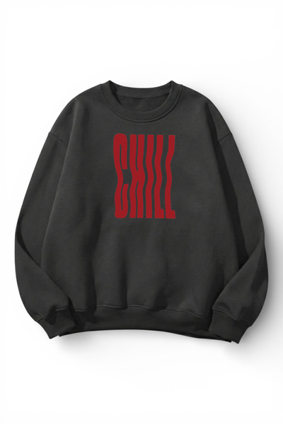 uyguntarz Unisex Soft Textured Chill Printed Design Oversize 3 Thread Crew Ne...