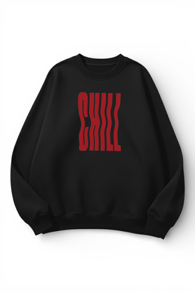 uyguntarz Unisex Soft Textured Chill Printed Design Oversize 3 Thread Crew Ne...