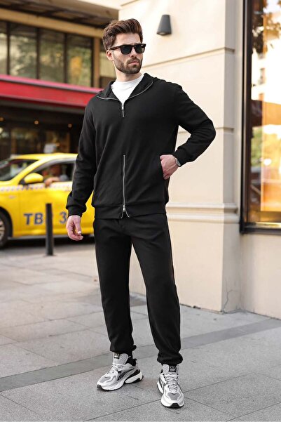 Madmext Black Double Zipper Hooded Men's Tracksuit Set E7339