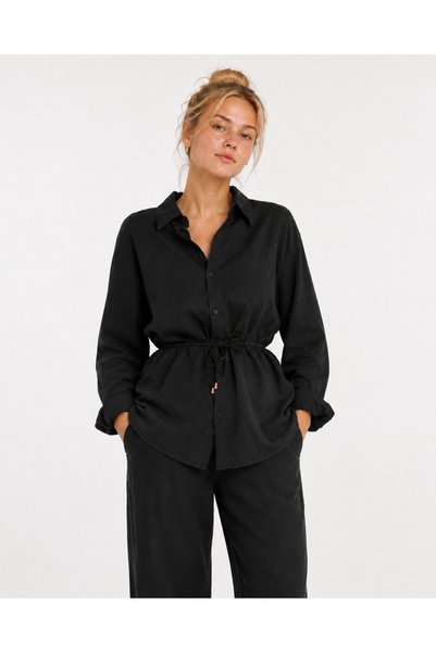 Cassime Women's Black Long Shirt Pants Muslin 100% Cotton Oversize Set