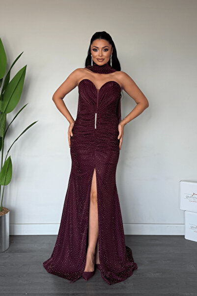 giyimmasalı Jakar Fabric Strapless Evening Dress with Shawl Detail - Bordo
