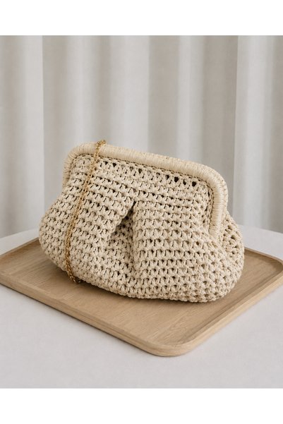 Elviora Amalfi Kadın Krem El Örgüsü Dokulu Clutch Omuz Çantası – Gold Zincir ...