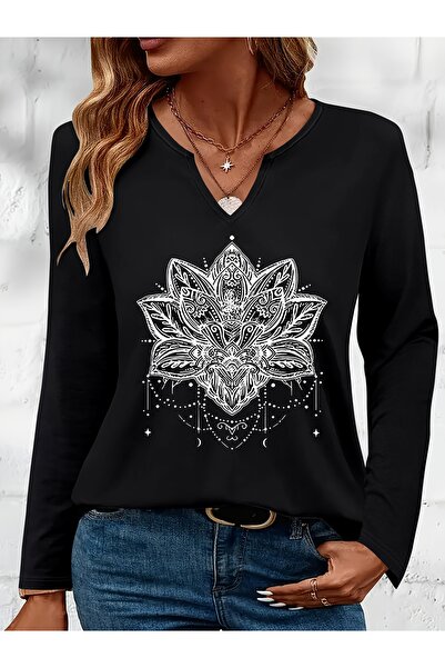 Deocept Mandala Printed Cotton Half V-Neck Long Sleeve Blouse T-Shirt