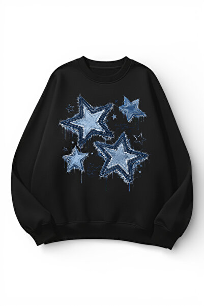 uyguntarz Unisex Soft Textured Denim Stars Printed Design Oversize 3 Thread C...